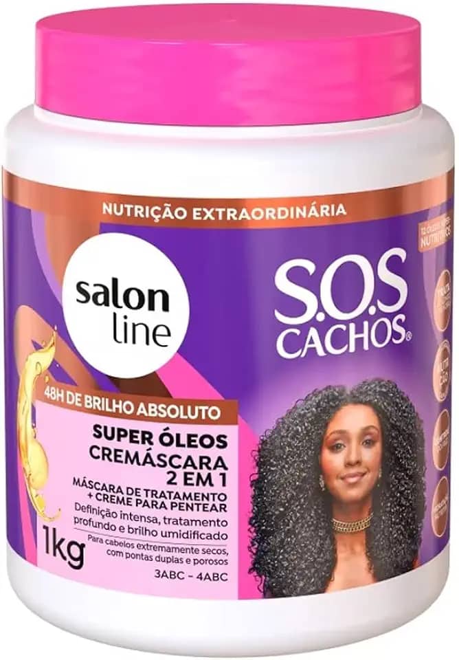 Salon Line, Máscara Capilar, Cremáscara 2 em 1, SOS Cachos, Super Óleos - Cabelos Ondulados, Cacheados e Crespos, 1 Kg