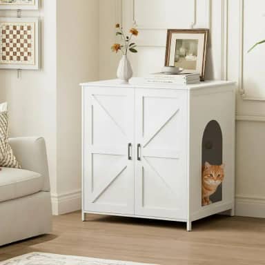 Homhedy Caixa de areia extragrande para gatos, para colocar robô de areia 3/4, armário de caixa de areia autolimpante, móveis de banheiro de madeira para gatos com porta de celeiro, casa de estimação