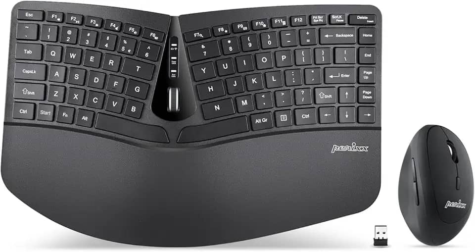 Mini Teclado Ergonômico Perixx PERIDUO-606, sem Fio, Mouse Vertical Portátil, Descanso de Palma Ajustável, Teclas de Perfil Baixo de Membrana, Inglês dos EUA