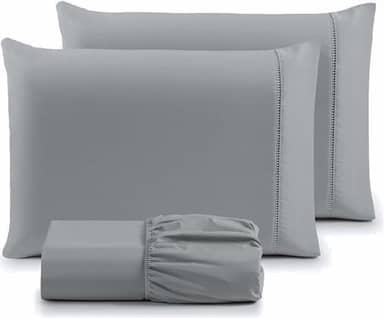 Jogo de Lençol Casal 3 Peças Micropercal 400 Fios com Ponto Palito | Toque Acetinado de Hotel, Não Amassa, Anti Bolinha - Cor Cinza