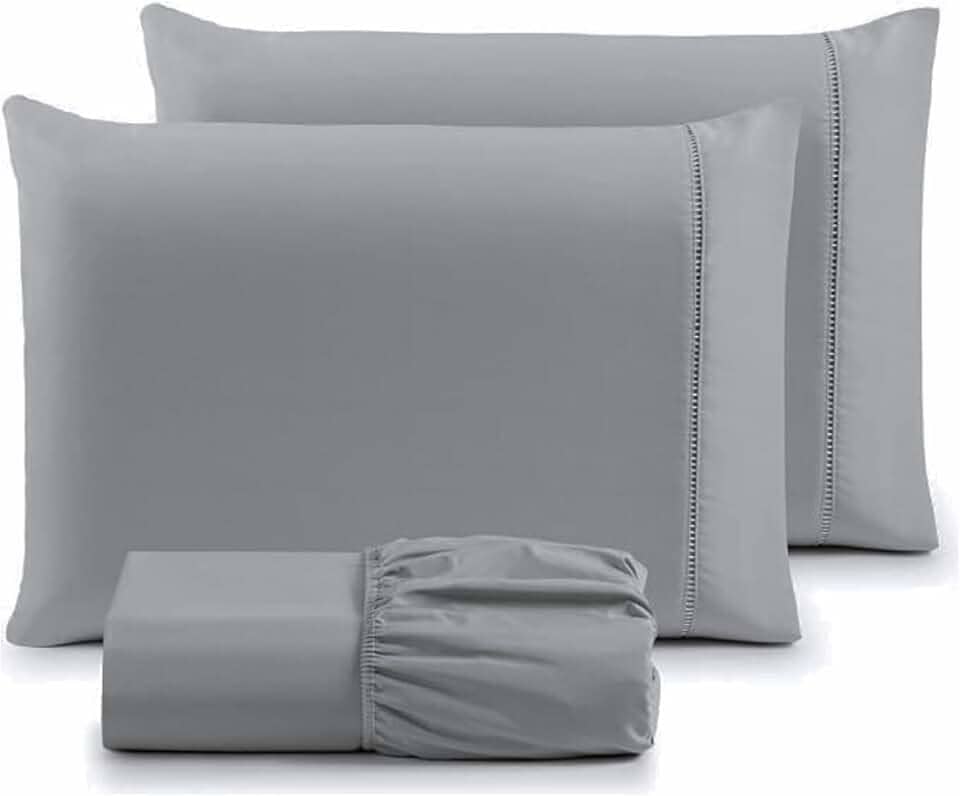 Jogo de Lençol Casal 3 Peças Micropercal 400 Fios com Ponto Palito | Toque Acetinado de Hotel, Não Amassa, Anti Bolinha - Cor Cinza