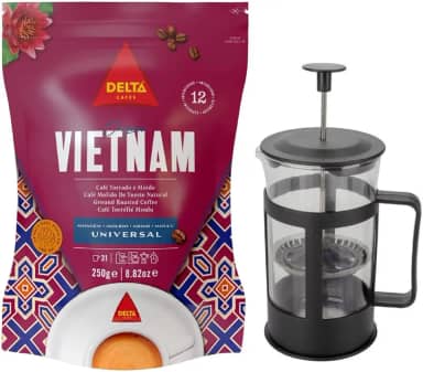 Café Gourmet Moído Delta Q em Pó + Cafeteira Prensa Francesa Vietnam