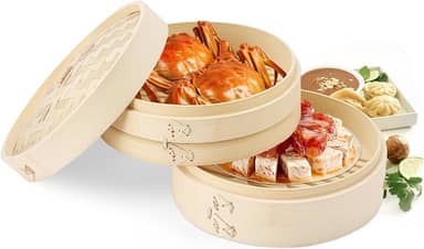 Panela de Bambu Vaporeira, Vaporizador de Alimentos Dim Sum com tampa, 25 * 7,5 cm, Cesta de Cozimento a Vapor, Bambu, para Peixe Guioza Legumes, Kitchen Vaporizador de Alimentos