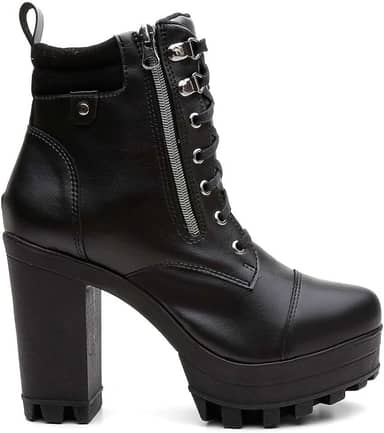 Bota Coturno Tratorado Feminino Vicerinne Preto Rockeira Salto Plataforma Zíper Cadarços