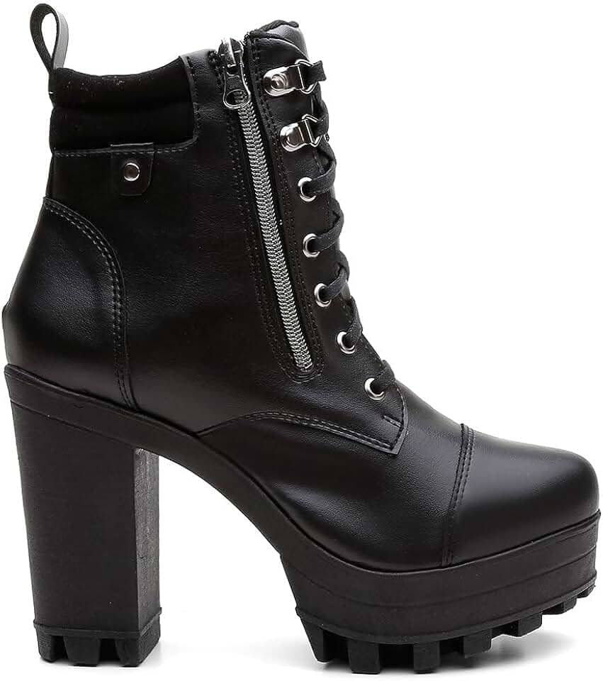 Bota Coturno Tratorado Feminino Vicerinne Preto Rockeira Salto Plataforma Zíper Cadarços