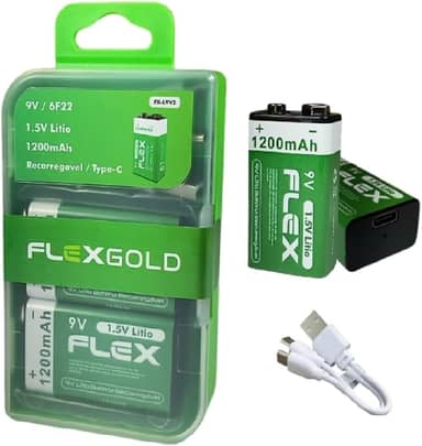 2 Baterias 9v Recarregaveis de Litio via Cabo USB-C com Led indicador de carga 1200mAh de Potência