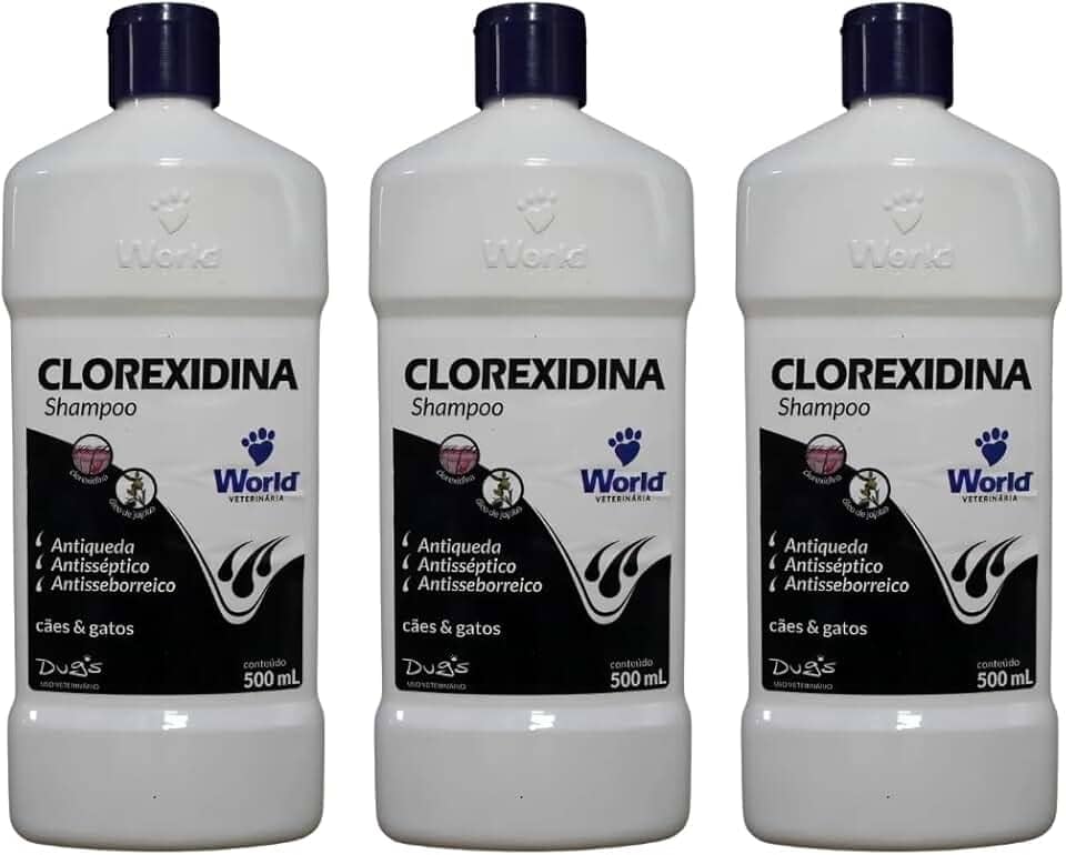Shampoo Clorexidina Antisséptico e Antiqueda para Cães e Gatos, 500 ml, Embalagem com 3 Unidades