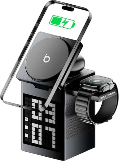 Basike Carregador Sem Fio Magnético 3 em 1, Rápido 15W, Compatível com MagSafe, com Alto-falante Bluetooth/Despertador para iPhone 16/15/14/13, Apple Watch 1-8/Ultra, AirPods (Sem Adaptador CA)