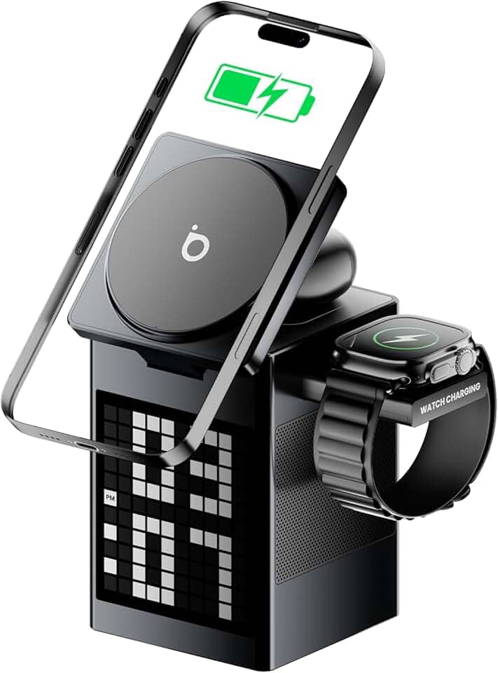 Basike Carregador Sem Fio Magnético 3 em 1, Rápido 15W, Compatível com MagSafe, com Alto-falante Bluetooth/Despertador para iPhone 16/15/14/13, Apple Watch 1-8/Ultra, AirPods (Sem Adaptador CA)