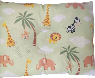 Travesseiro Anatômico Bebê Mundo Animal para Berço e Carrinho Safari Verde 27x37cm Fibra Siliconada Hipoalergênica Algodão