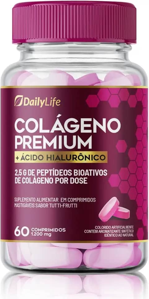 Colageno Premium Hidrolisado Collagen + Acido Hialuronico 100mg Proteina Pele Cabelo Unha 60 Comprimidos Mastigaveis Sabor Tutti Frutti - Daily Life