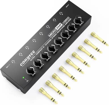 Amplificador de fone de ouvido de 8 canais com 9 adaptadores – Distribuidor de fone de ouvido estéreo portátil com várias portas de ruído ultrabaixo (8 saídas/1 entrada) para estúdios de