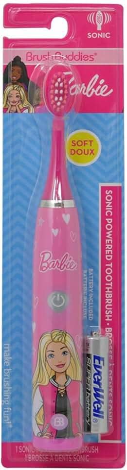 Brush Buddies Barbie Escova de dentes elétrica operada por bateria para crianças – Cerdas macias e Sonic Power, perfeita para meninos, meninas e crianças higiene bucal