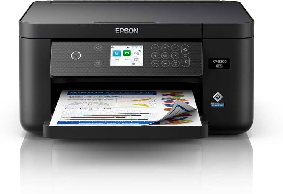 Epson Expression Home XP-5200 Impressora multifuncional colorida sem fio com digitalização, cópia, impressão frente e verso automática, fotos sem bordas, bandeja de papel para 150 folhas e tela