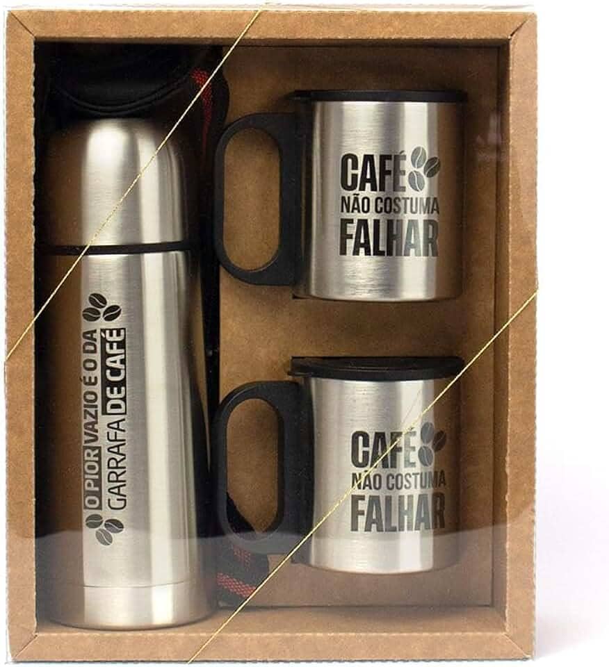 Kit Café Presente com Garrafa e Canecas em Inox