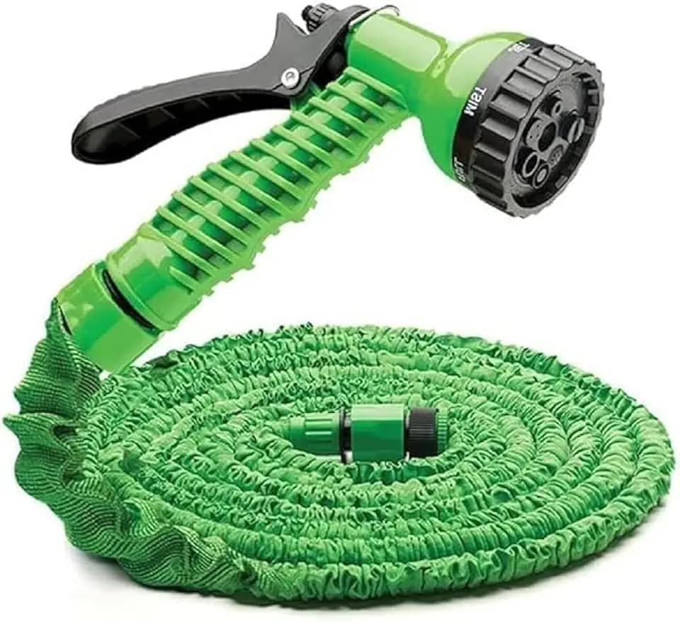 Mangueira Mágica Expansível, 15 Metros, Verde, com 7 Tipos de Jatos, Retrátil e Flexível para Jardim