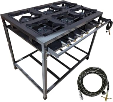 Fogão Industrial 6 Bocas Alta Pressão, Aço Carbono, 95x65x80cm, com Paneleiro, Coletor de Gordura, Cinza