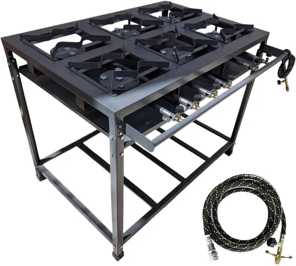 Fogão Industrial 6 Bocas Alta Pressão, Aço Carbono, 95x65x80cm, com Paneleiro, Coletor de Gordura, Cinza