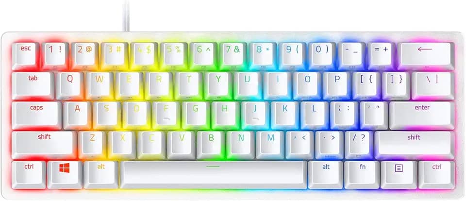 Razer Mini teclado para jogos Huntsman 60%: interruptores ópticos lineares - modo de disparo rápido - iluminação RGB cromada - teclas PBT - Memória integrada - Snap Tap - Branco