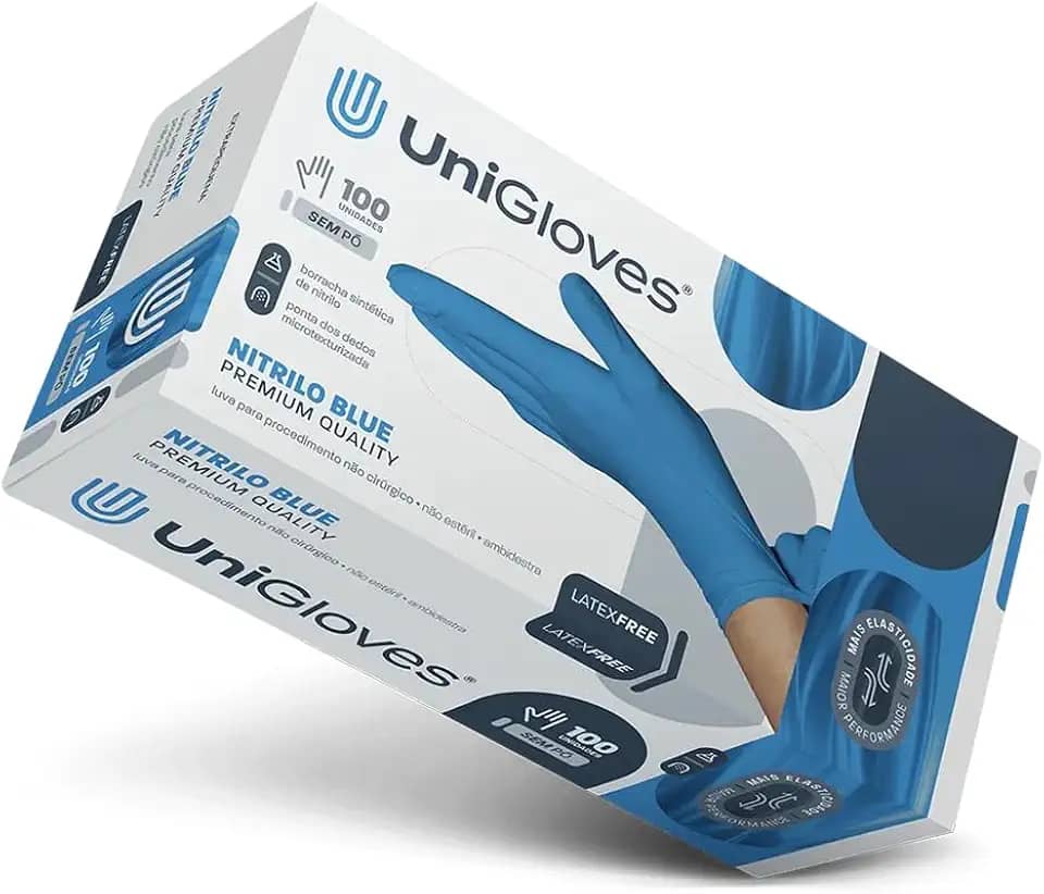 Luva Nitrilica para procedimento (sem pó) UniGloves® Blue Premium Quality - G - 100 Unidades