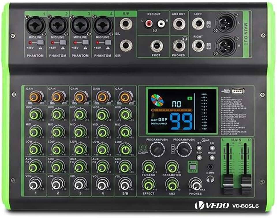 Mesa de Som Profissional Multifuncional de 6 Canais com 100 Efeitos de Reverb, Phantom Power de 48 V, Bluetooth e Conexão Telefônica Sem Fio para Ao Vivo/Karaokê/Gravação