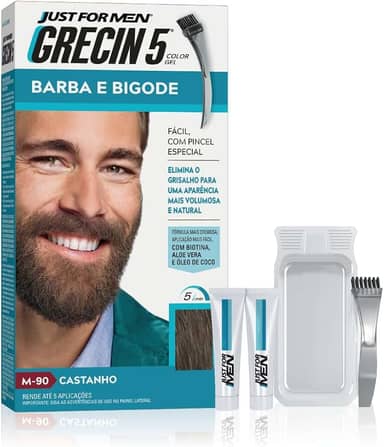 Just For Men Grecin 5 Color Gel, Barba e Bigode, Tonalizante que Elimina o Grisalho, Aparência Natural, Cor M90, Castanho, 28g