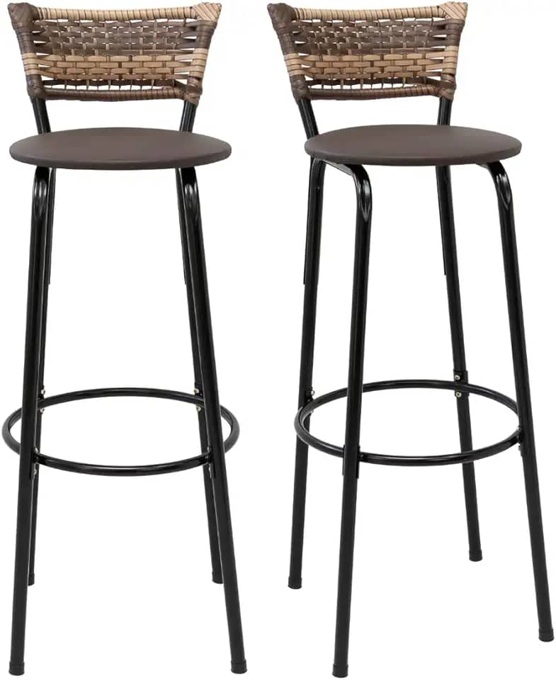 Kit 2 Banquetas Altas 80cm Estrutura Preta Encosto Junco Cappuccino Ideal P/Bancada Cozinha Americana Bares Balcão Itagold (Assento Marrom Escuro)