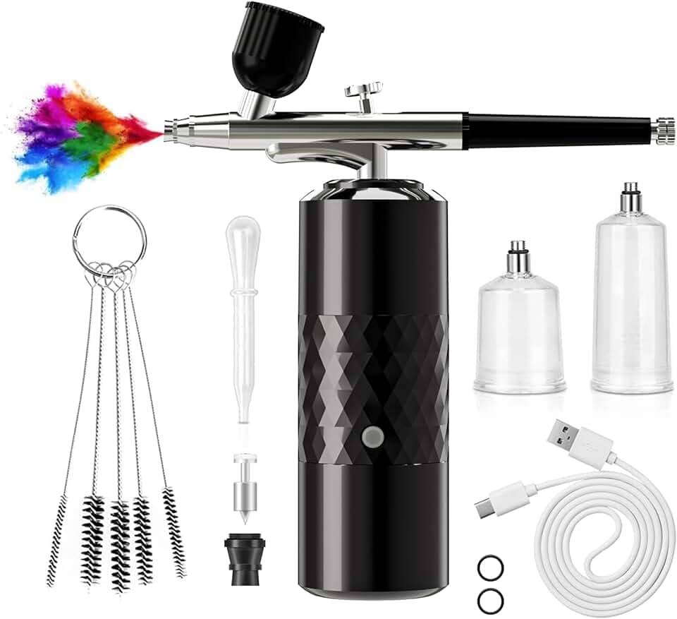 Kit de Aerógrafo Recarregável Sem Fio Compressor de Aerógrafo Portátil Escova de Ar para Pintura de Modelos, Arte de Unhas, Decoração de Bolos, Maquiagem, Barbeiro (Preto)