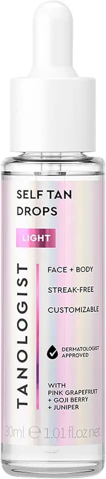 Tanologist Gotas autobronzeadoras leves, sem riscos para bronzeamento corporal e facial, para hidratante e loção, bronzeador facial bronzeador natural, ingredientes para cuidados com a pele, frasco de