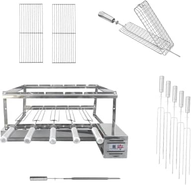 Kit Churrasqueira Giratória Gira Grill Inox 5 Espetos com 2 Grelhas Auxiliares, 1 Espeto Gaiola, 1 Espeto Espada e Motor na frente (Motor Direito)