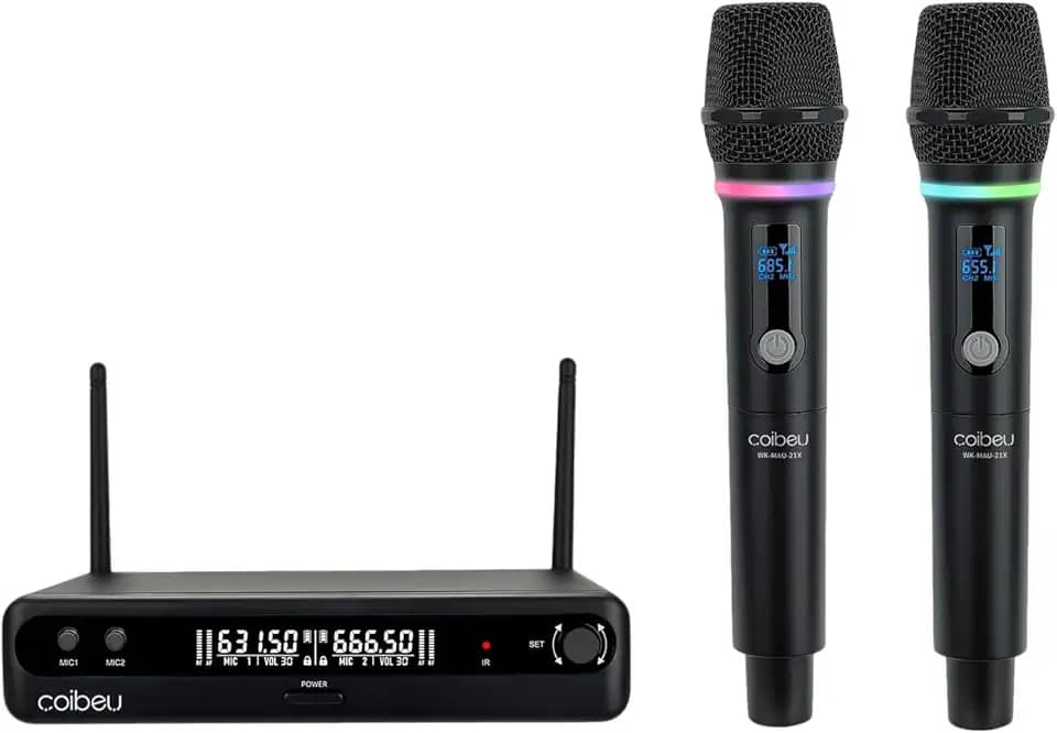 Microfone Sem Fio Duplo UHF, Microfone Dinamico Karaoke, 2 Microfones de Mão com Receptor, Saídas XLR/6,35 mm, Alcance até 50 m, Bateria Recarregável Type-C, para Karaokê, Igrejas, Palcos e Eventos