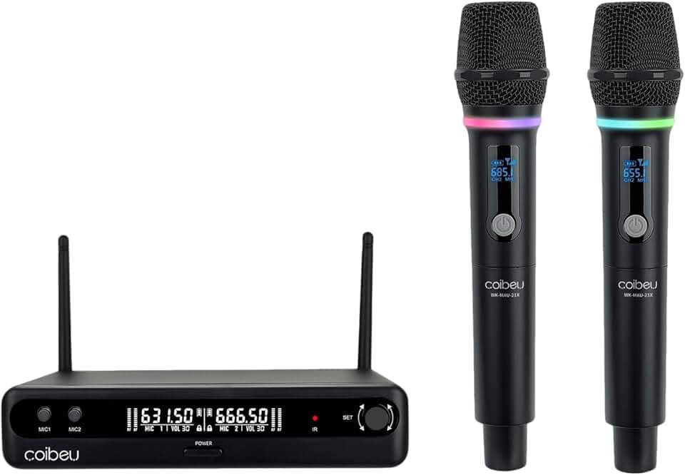 Microfone Sem Fio Duplo UHF, Microfone Dinamico Karaoke, 2 Microfones de Mão com Receptor, Saídas XLR/6,35 mm, Alcance até 50 m, Bateria Recarregável Type-C, para Karaokê, Igrejas, Palcos e Eventos