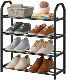 Sapateira Vertical 4 Andares Compacta Organizador de Sapatos Multiuso Estrutura Reforçada Plástico PP e Tubos de Ferro Ideal para Quartos Closets Corredores Lavanderias Armazenamento Calçados (Preta)