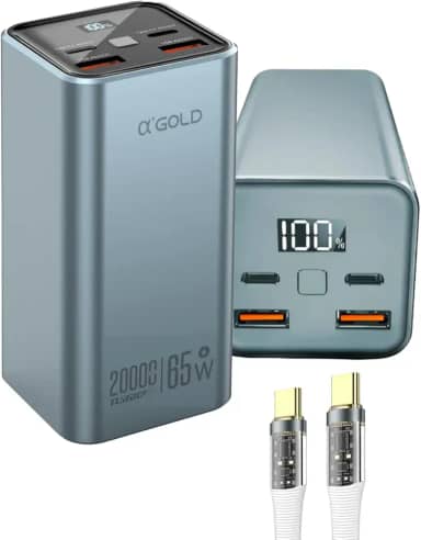 Power Bank A'Gold BTE-92 20000mAh Turbo 65W p/Notebook + 2 Cabos USB-C (20cm + CB-88 LED Trançado 66W 1m), 4 Saídas, PD QC4.0, Visor Digital, Compatível MacBook, Dell, Samsung, Xiaomi