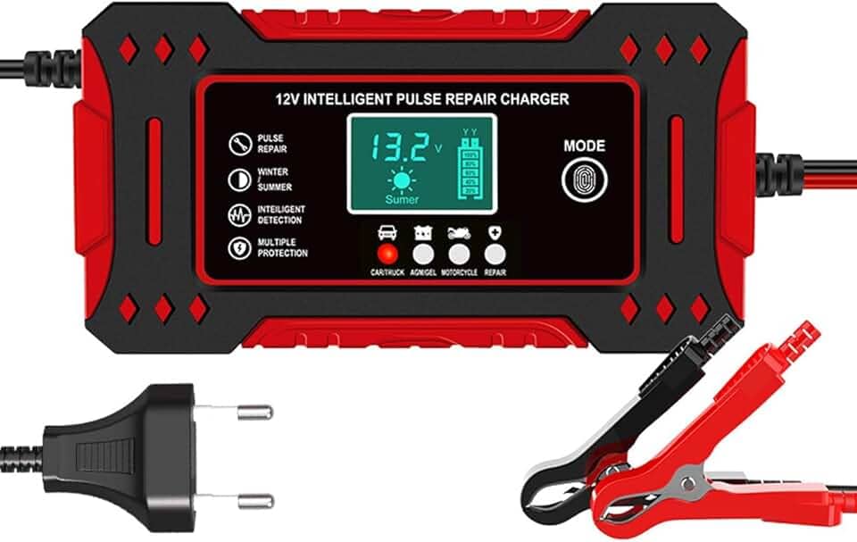 Carregador de Bateria Inteligente 12V, Display Digital, Bivolt, para Carro, Moto e Caminhão, com Proteção Contra Superaquecimento