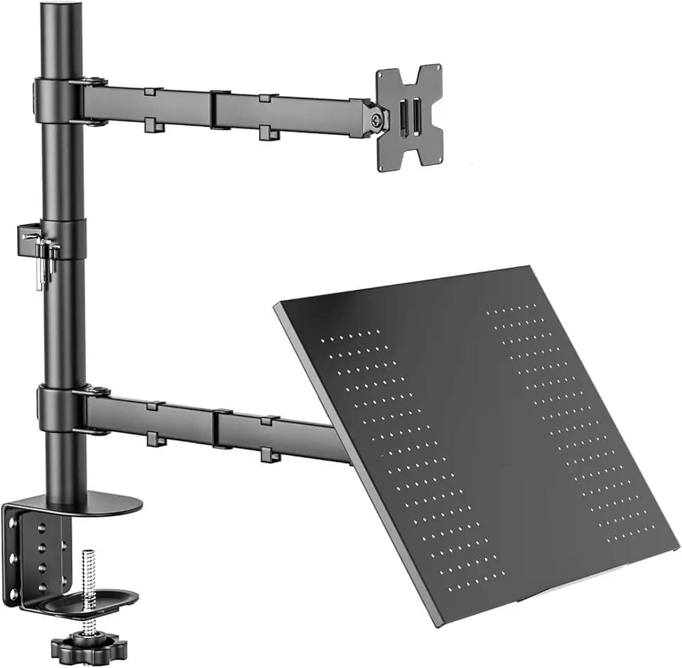 BAZIK Suporte Articulado para Monitor e Notebook – Braço Ajustável com Bandeja para Notebook até 17", Monitores de 13'' a 32'', Suporte para Monitor Duplo com Ergonômico com Organização de Cabos
