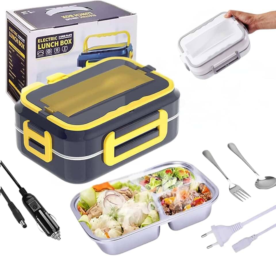 Marmita Elétrica Portátil Veicular de Aço Inoxidável Para Carro Uber Casa Lancheira Térmica 12V,110V, 220V (Bivolt) C/ 3 Divisórias Inox (Azul C/Amarelo) da Marca Midas®