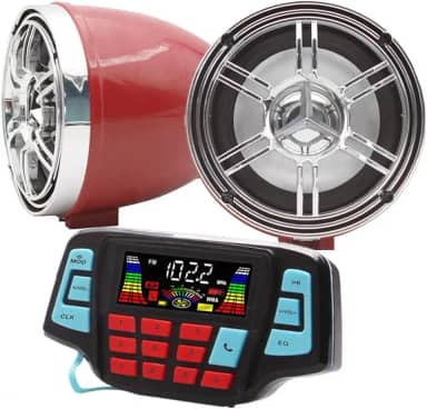 Alto-falante sem fio Bluetooth à prova de intempéries para motocicleta de 7,6 cm MP3 Player de música, sistema de amplificador de áudio estéreo ATV UTV USB 2.0, micro SD, rádio FM (vermelho e prata)