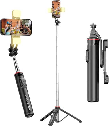 H'MASTON Tripe para Celular Bastao de Selfie Pau de Selfie com Duplo Luz de LED e Controle Remoto Bluetooth Sem Fio Removível para Celular ZP-15 (PRETO)