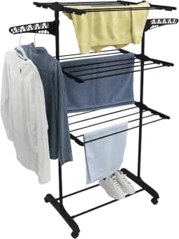 Varal De Chão 3 Andares Grande de Roupas Dobrável Regulável Retrátil com Rodinhas e Ganchos Compacto