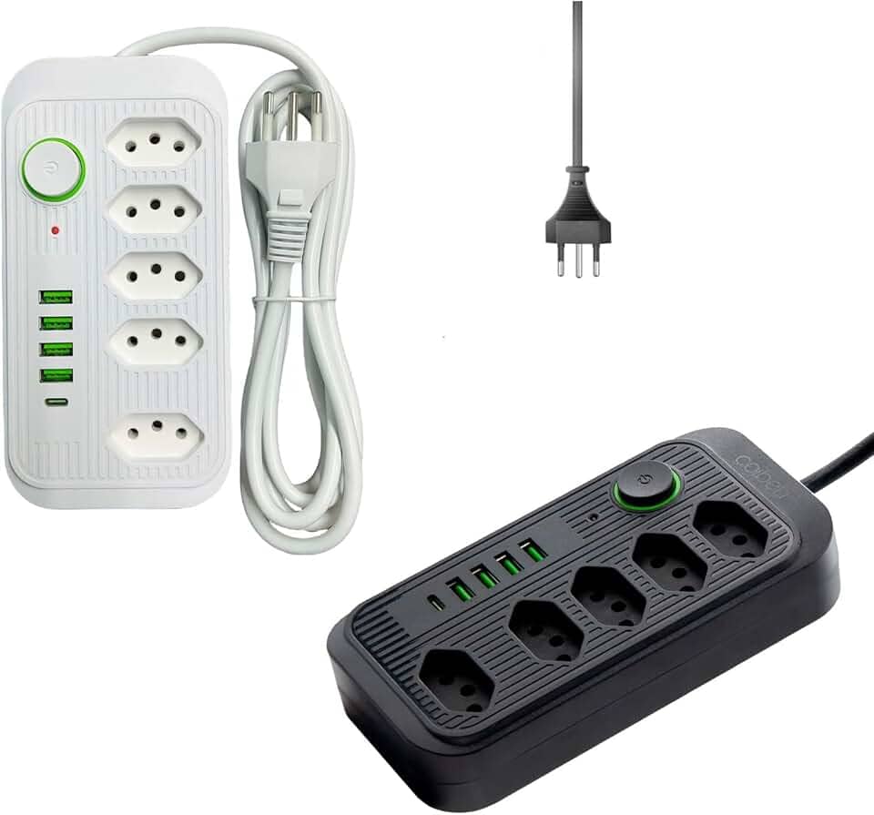 Filtro de Linha, Extensão Régua Tomada com 5 Tomadas, 4 USB e 1 USB-c, Cabo de 3 Metros, Bivolt - Branco