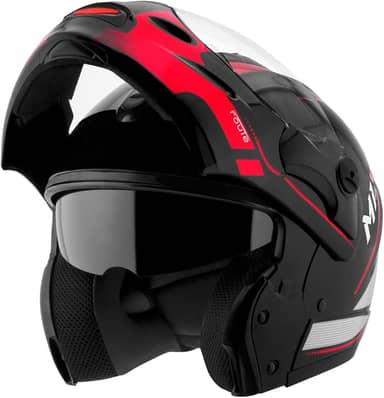 Capacete de Moto Mixs MX Captiva Route Brilhante Com Viseira Interna Solar Óculos de Sol Articulado Escamoteável Robocop Cinza Com Vermelho