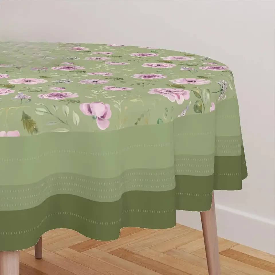 Toalha de Mesa Redonda 1,40 m para 4 Lugares – 100% Poliéster – Estampas Variadas Florais e Neutras – Fácil Lavagem (Violeta Verde)
