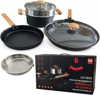 Kit Panela de Ferro REFORÇADO, 6 itens completo Fundido, tampas de vidro, cabos de madeira, Ferro GROSSO, Antiaderente