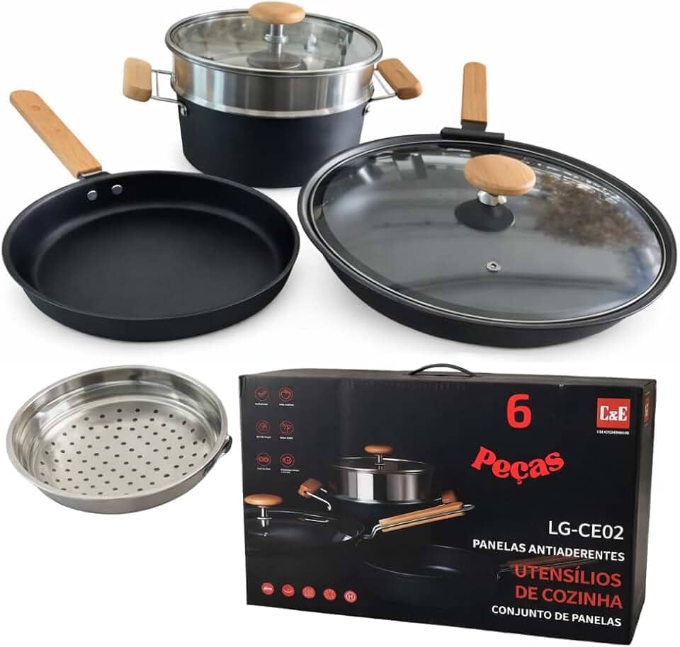 Kit Panela de Ferro REFORÇADO, 6 itens completo Fundido, tampas de vidro, cabos de madeira, Ferro GROSSO, Antiaderente