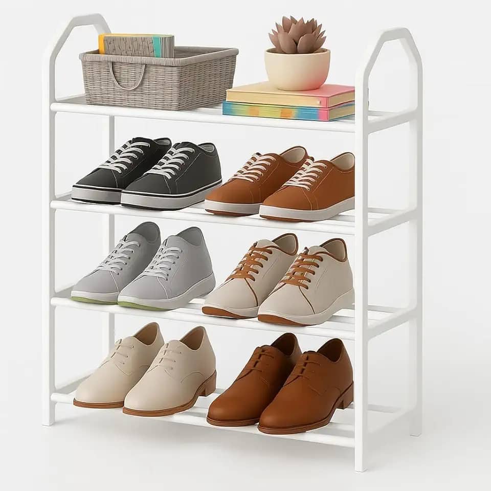 Sapateira Vertical 4 Andares Compacta Organizador de Sapatos Multiuso Estrutura Reforçada Plástico PP e Tubos Ideal para Quartos Closets Corredores Lavanderias Armazenamento Calçados (Branca)