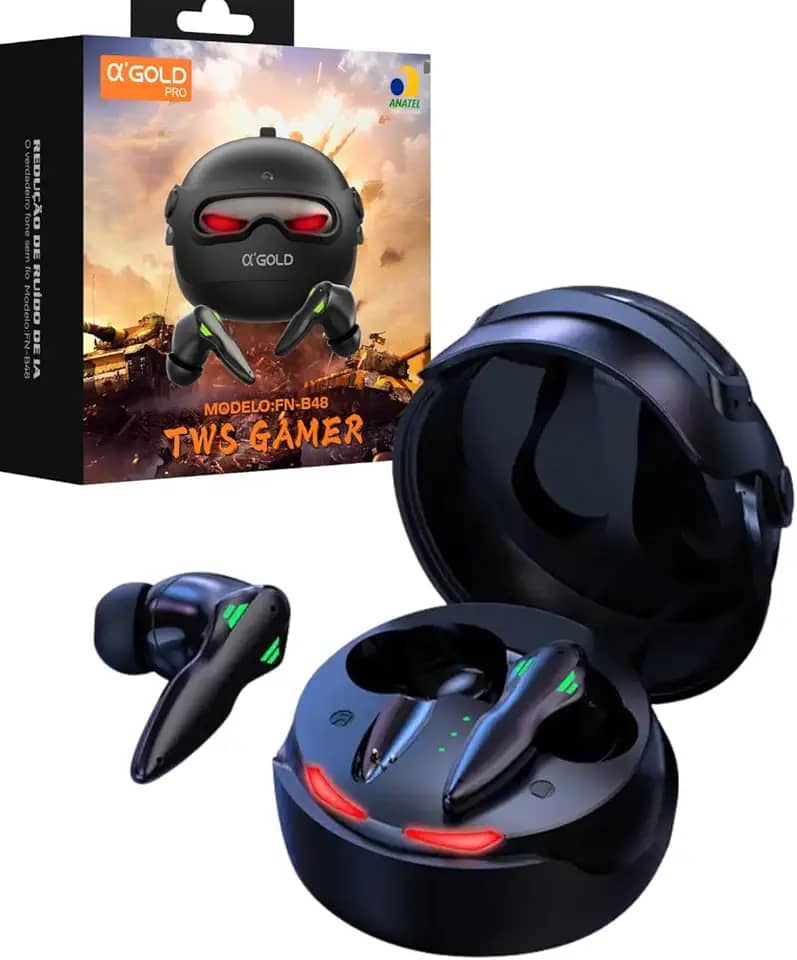 A'Gold FN-B48 Fone de Ouvido Bluetooth Gamer TWS - Bluetooth 5.4, Redução de Ruído por Inteligência Artficial - IA, 8h de Bateria, Estojo com LED Robótico, Microfone Excelente - Baixa Latência