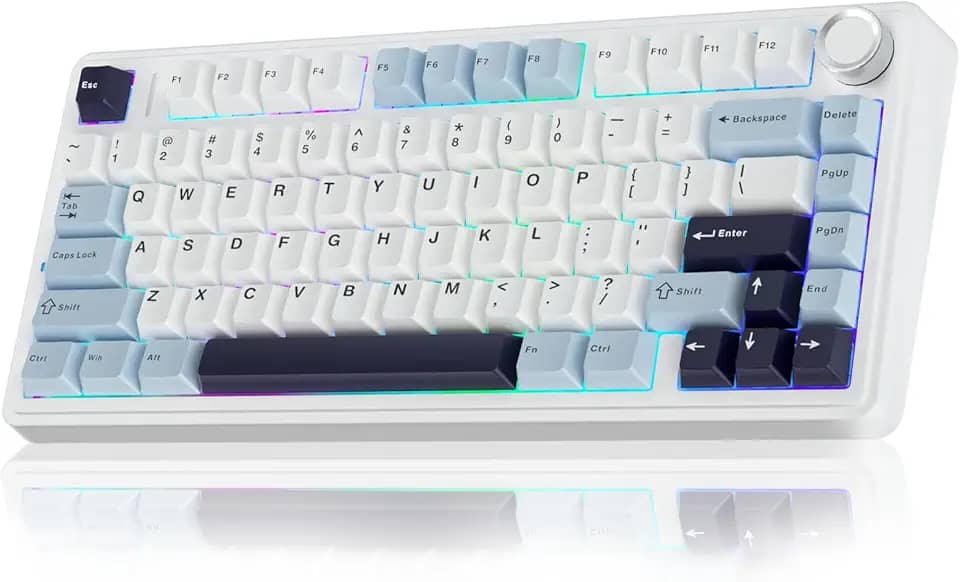 Teclado Mecânico AULA F75 Azul Glacial 75% Sem Fio BT5.0/2.4GHz/USB-C Hot-Swappable RGB