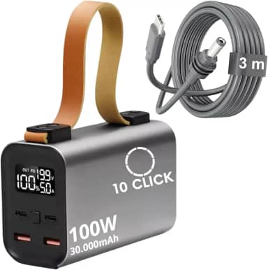 Power Bank 100W 30000mAh + Cabo USB-C/DC 3m Para Starlink Mini Antena Bateria Portátil Externa Potente Carregador Energia Celulares Notebooks Drones Caixa de Som Equipamentos de Alta Potência 10CLICK®