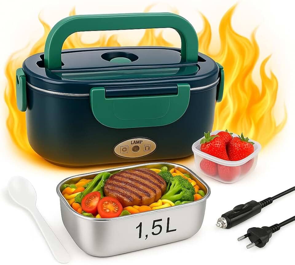 Marmita Elétrica Portátil Bivolt + 12V/24V – Com Aquecimento Rápido, Compartimentos e Tampa Vedada para Carro, Caminhão e Casa (Preto com Verde)